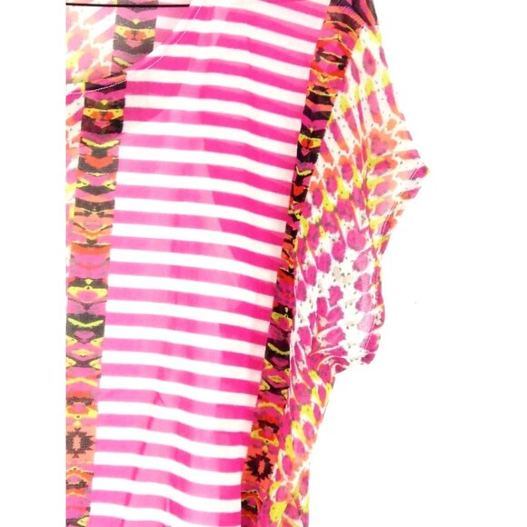 Alfani Sheer Pink Striped Abstract Top Size Medium Short Sleeve Vibrant Summer - Picture 3 of 5